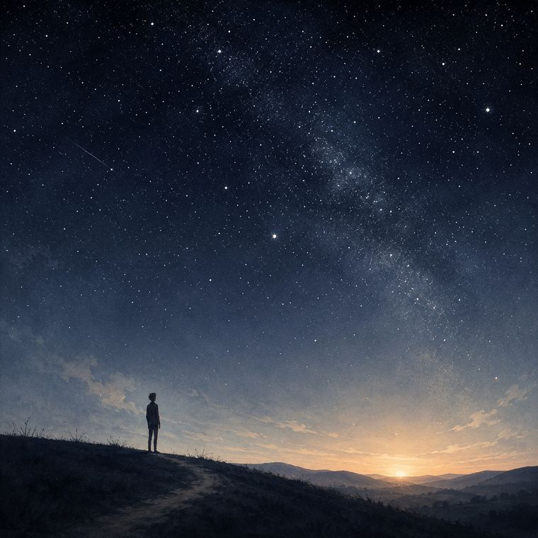 Look to the Skies album cover: a lone figure on a hill under a starry blue sky
